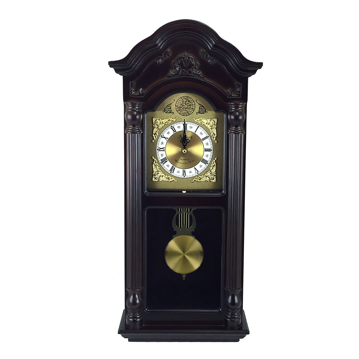 Bedford Clock Collection 25.5 Inch Antique Mahogany Cherry Oak Chiming Wall Clock with Roman Numerals