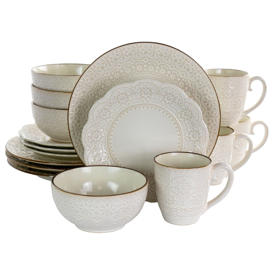 Elama Aqualite 16 Piece Embossed Stoneware Dinnerware Set in Teal